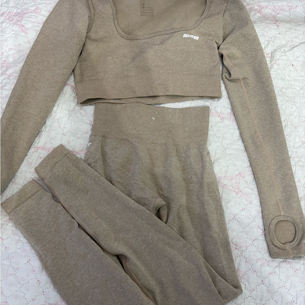 Beige Long Sleeve Crop Top and Leggings Set